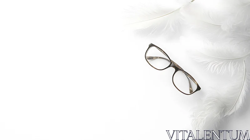 Eyeglasses positioned among white feathers on white surface.