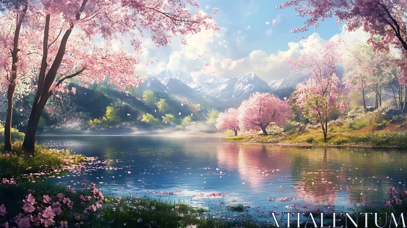 Cherry trees and lake before distant snowy mountain range.