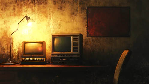 Retro computer workstation glows under warm desk lamp