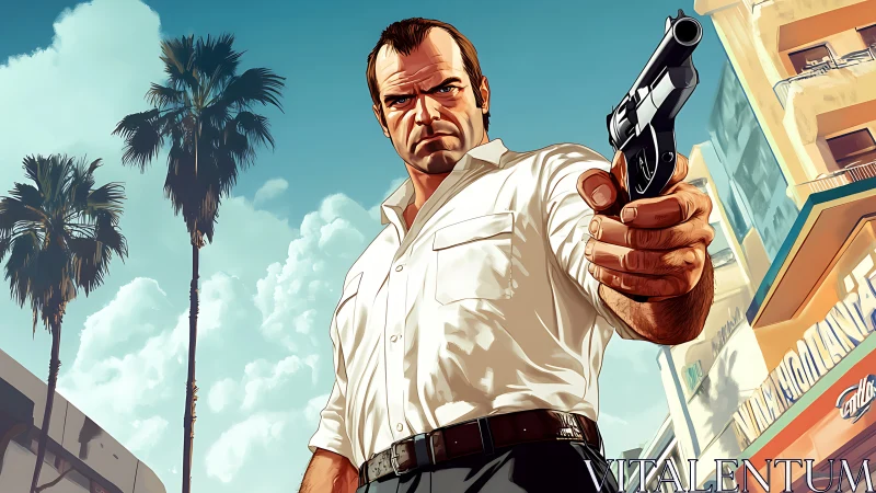 Male figure with handgun in stylized urban streetscape scene.