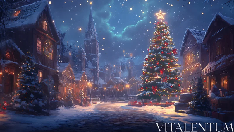Snowlit village gathers as one towering Christmas tree glows
