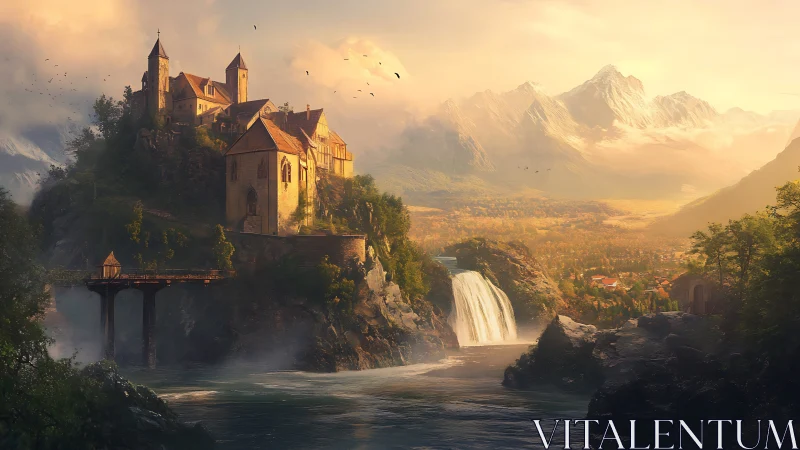 Medieval cliffside fortress overlooks radiant mountain falls.