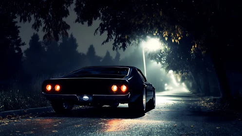 Midnight muscle car under moody streetlights on wet road.