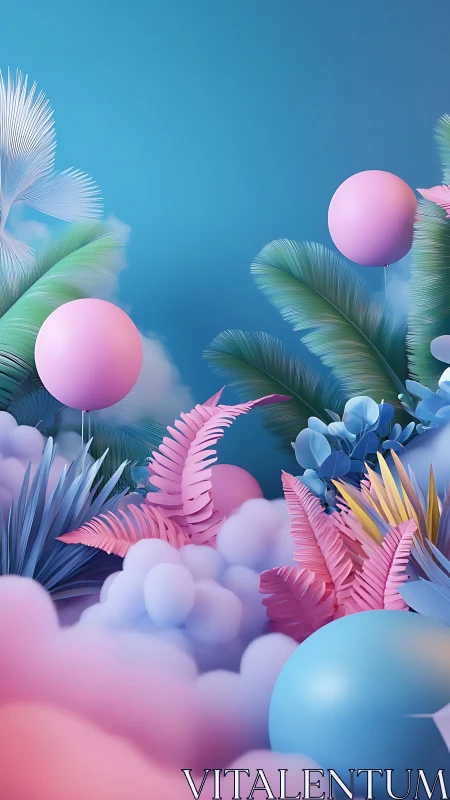 Dreamy candy clouds and balloons in a pastel jungle.