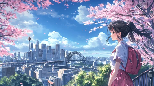 Anime schoolgirl overlooking springtime city skyline vista
