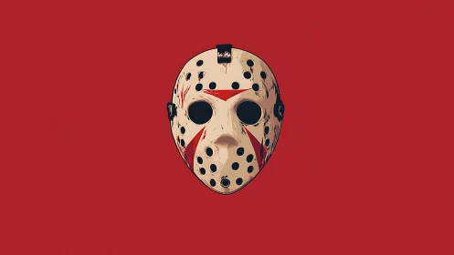 Hockey goalie mask illustration on flat red background.