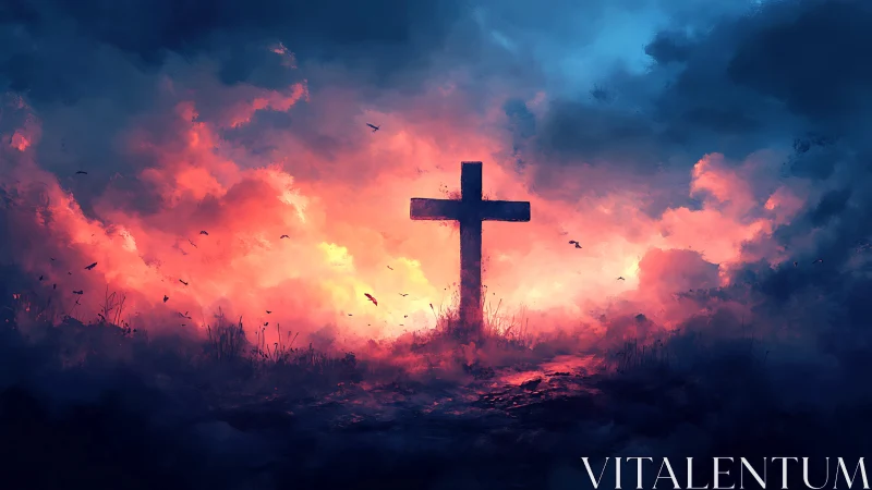 Lone cross rises amid blazing clouds in a twilight storm