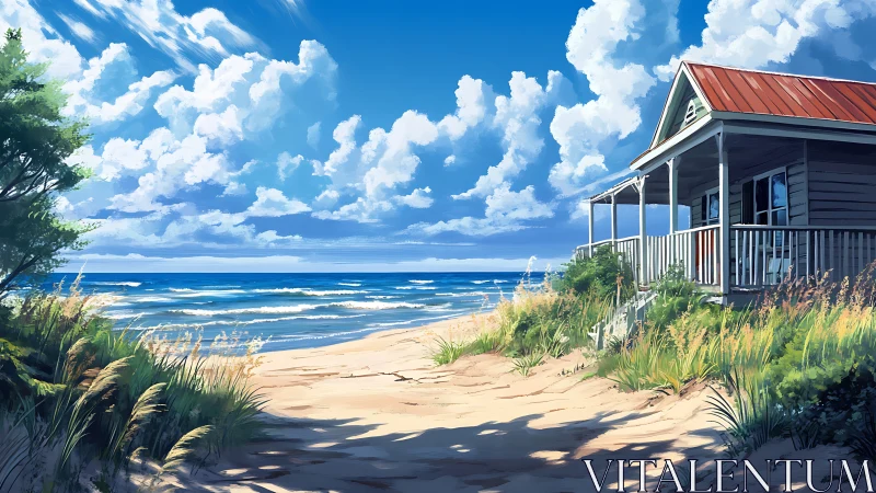 Coastal cottage overlooks sunlit sandy beach and calm sea