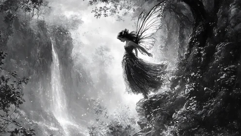 Winged female figure on cliff edge above forest waterfall.