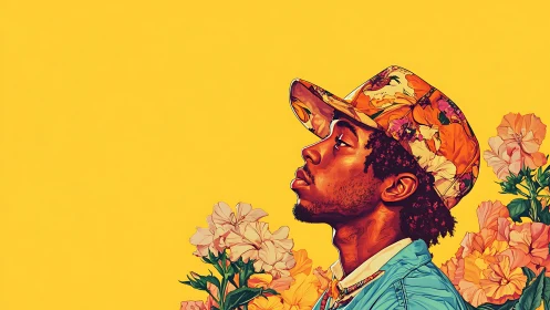 Portrait of a floral-capped man gazing upward in vivid yellow.