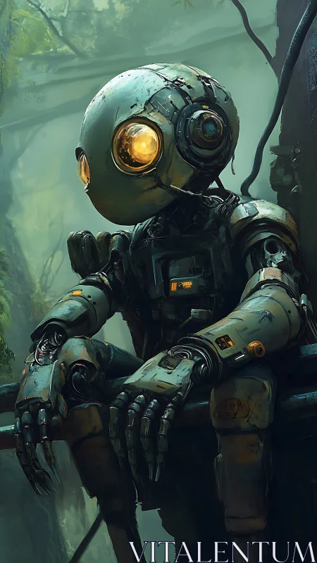 Solitary rusted robot sits in overgrown jungle ruin