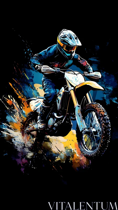 Motorcyclist rides off-road bike through abstract splashes