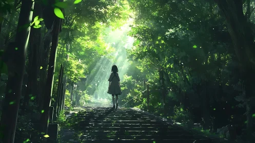 Solitary figure ascends shaded stone steps through dense forest