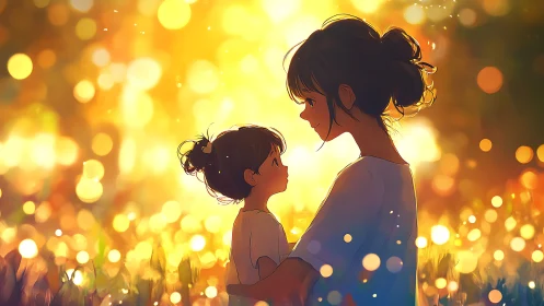 Backlit anime mother and child rendered in warm bokeh light