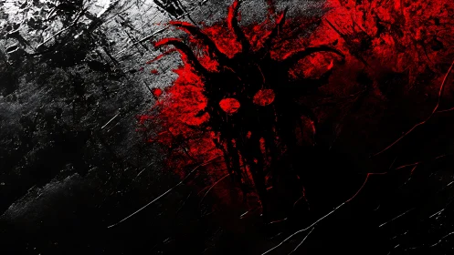 Crimson shadow spirit emerging from bold black depths.