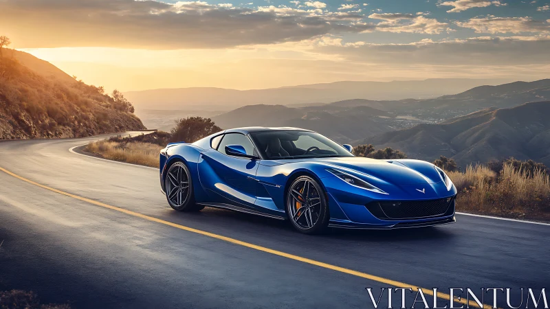 Sunlit blue supercar poised on winding mountain highway.