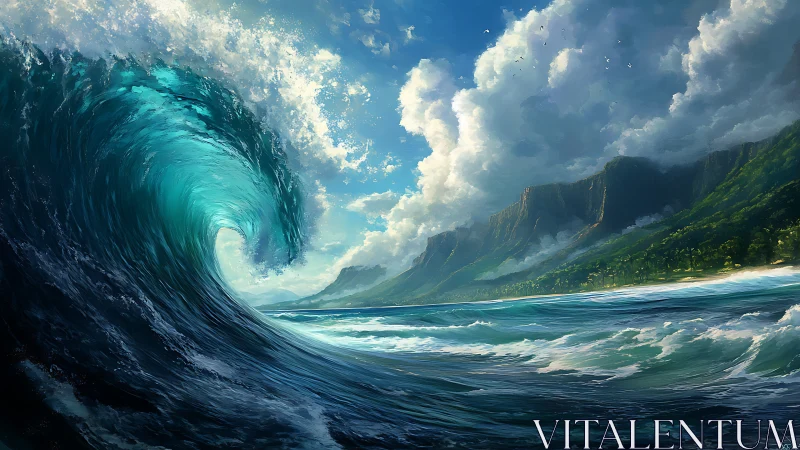 Massive turquoise ocean wave curling toward green cliffs.