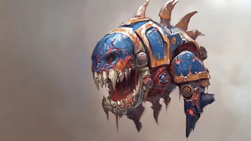 Cybernetic demon fish roars through fogged wasteland sky.