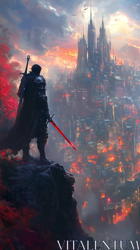 Armored swordsman surveys burning vertical city under stormy sky