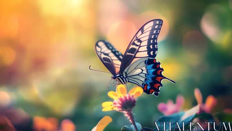 Macro study of swallowtail butterfly on flower, bokeh sunset
