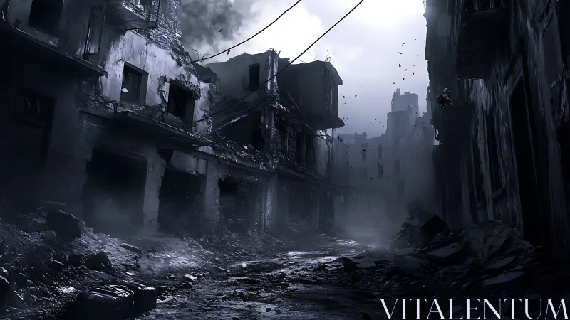 Collapsed urban street with damaged multi‑story buildings.