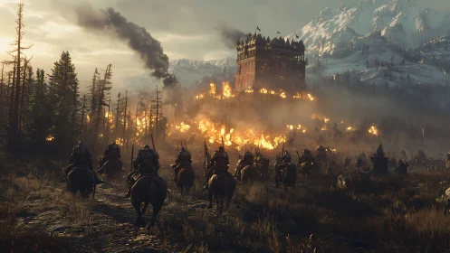 Armored cavalry advances on a burning mountain fortress at dusk