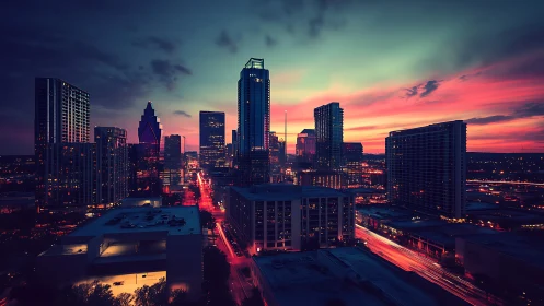 Vibrant modern city skyline under neon sunset sky.