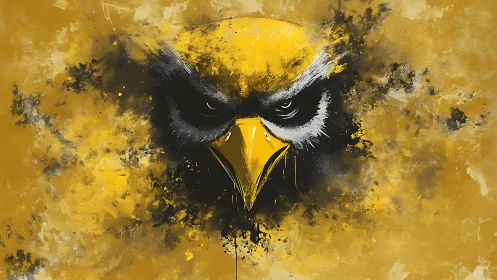 Fierce golden hawk face erupts from splattered storm of paint.