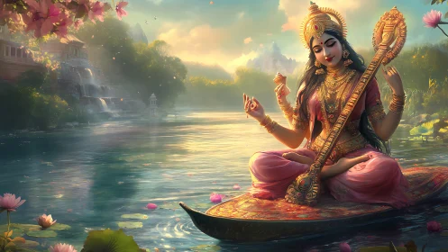 Divine river goddess on lotus boat with veena at sunrise