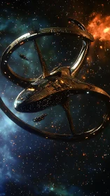 Ringed starship curls through nebula fire and cobalt void