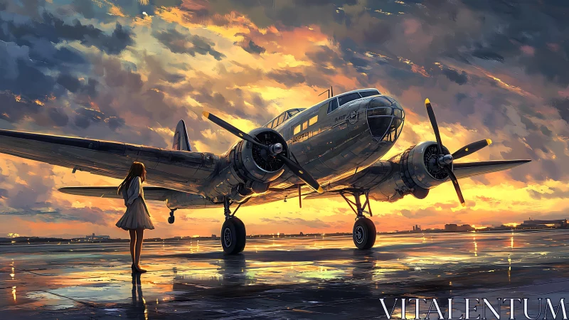 Sunlit vintage airliner and lone girl on glowing runway.