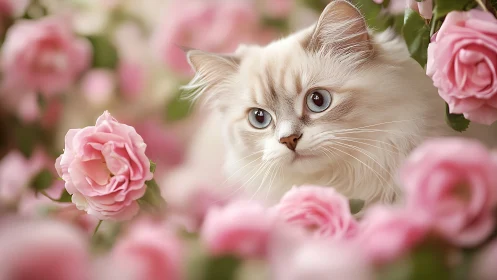 Cream-Colored Cat Surrounded by Pink Roses in Garden Setting.