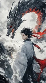 Ink-brushed warrior and dragon in dynamic vertical composition.