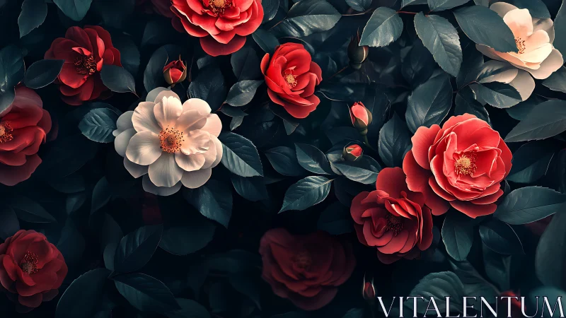 Botanical cluster study featuring luminous hybrid roses with dichromatic petal structure