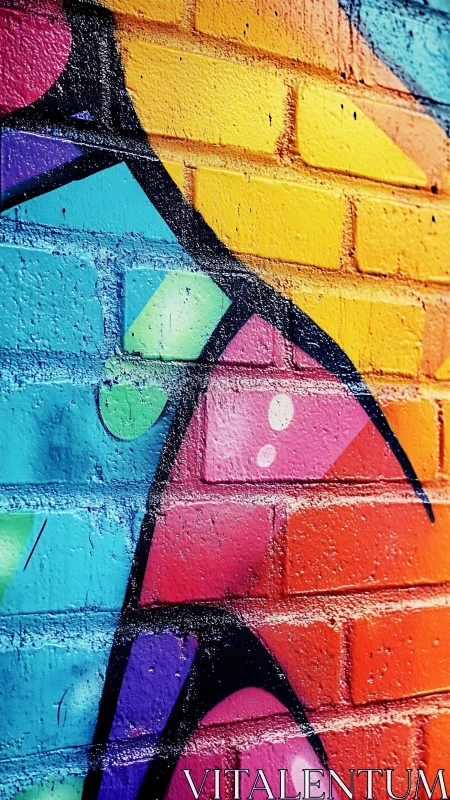 High-saturation geometric graffiti spans textured brick surface