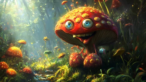 Cheerful cartoon mushroom grins brightly in a glowing forest