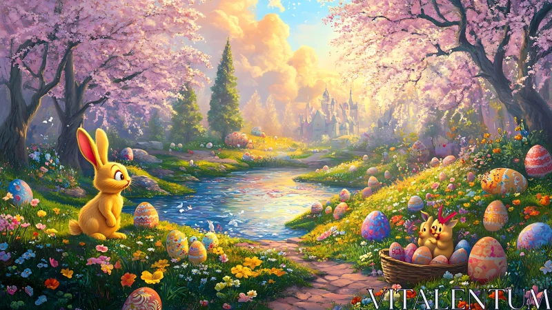 Vibrant spring valley with stylized rabbits, eggs, and castle backdrop
