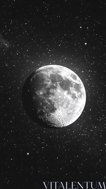 Monochrome lunar hemisphere with dense starfield composition.