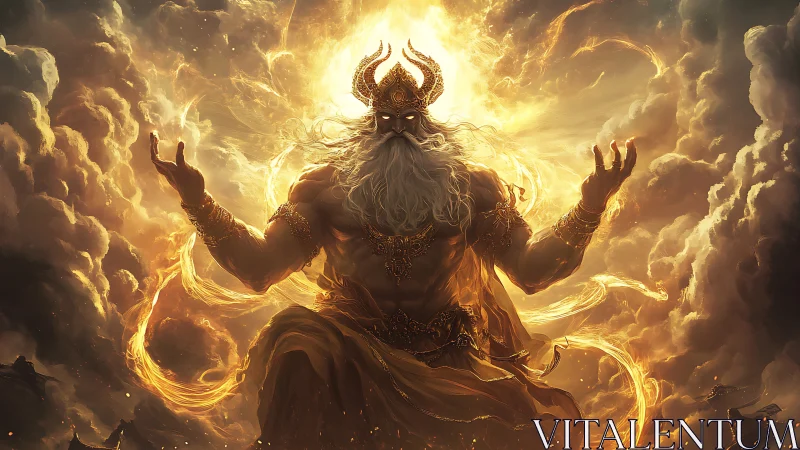 Celestial storm deity emerging from turbulent aureate clouds.