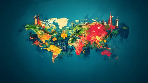 Color-coded world map with global landmarks and silhouettes.