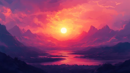 Radiant sun ignites dreamy violet mountains at dusk.