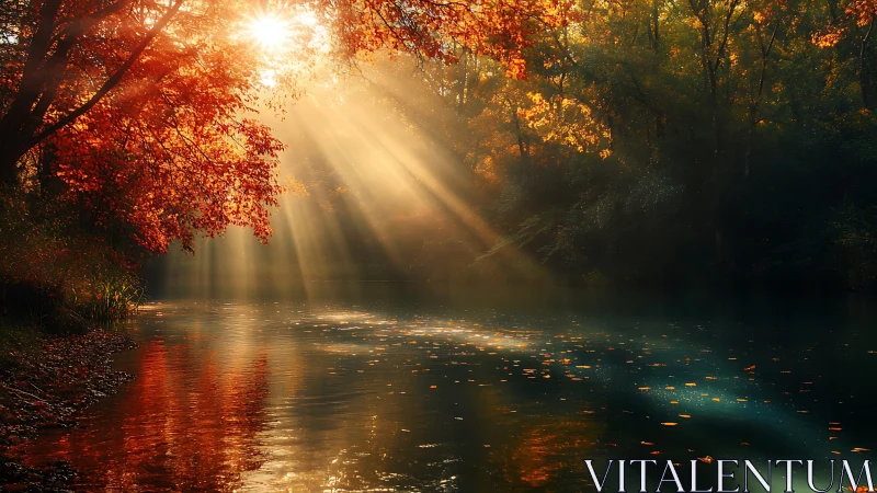 Tranquil Autumn River Scene with Golden Sun Rays and Warm Colors.