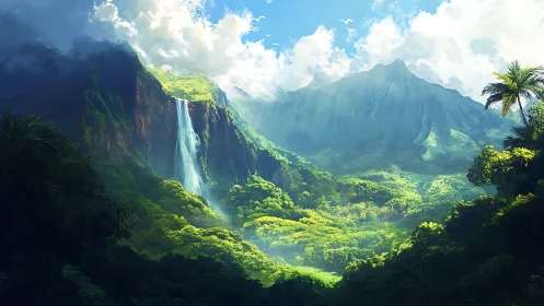 Sunlit jungle valley cradling a misty mountain waterfall.