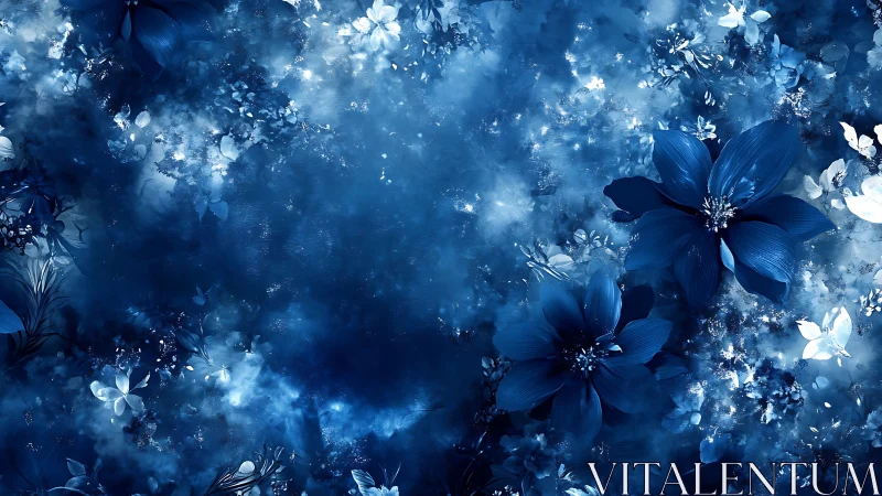 Luminous Blue Florals Against Ethereal Depths.