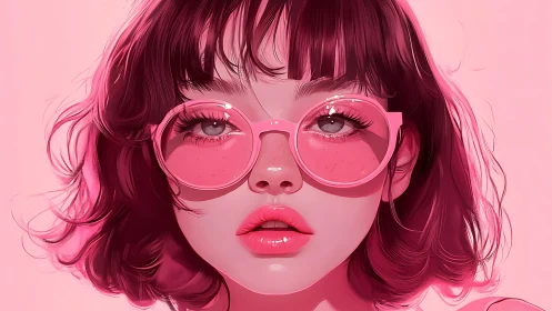 Candy pink portrait girl in glossy round sunglasses.