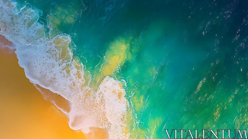 Aerial view shows shoreline where waves meet shallow water