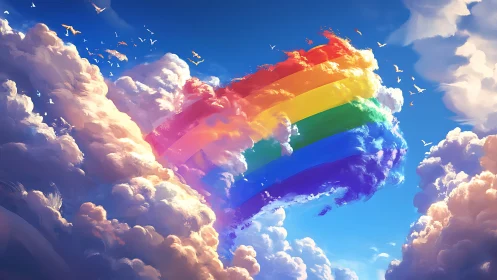 Rainbow flag cloud formation across bright blue daytime sky.