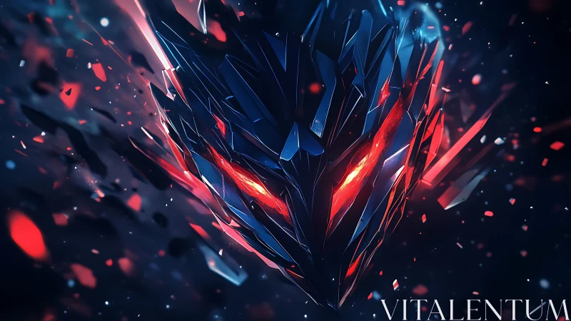 Crystal cyber demon mask with fiery red eyes in void.