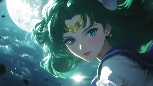 Moonlit sea guardian with emerald hair and tidal gaze.