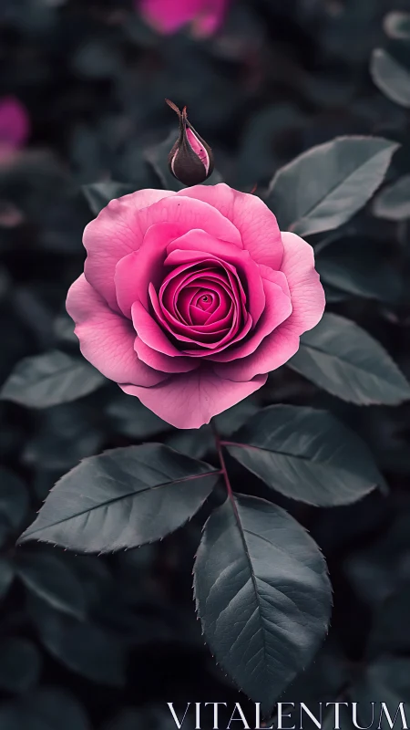 Fuchsia Rose Blooms Against Shadow Garden.